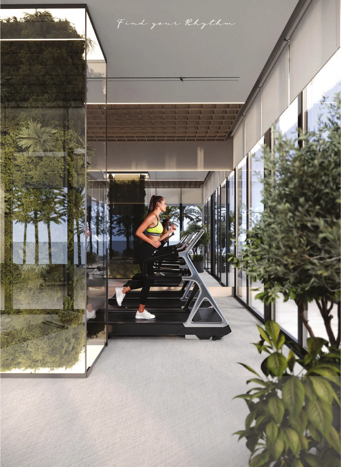 Gym with treadmills facing full-height glazing, planting and palm views, Isolana