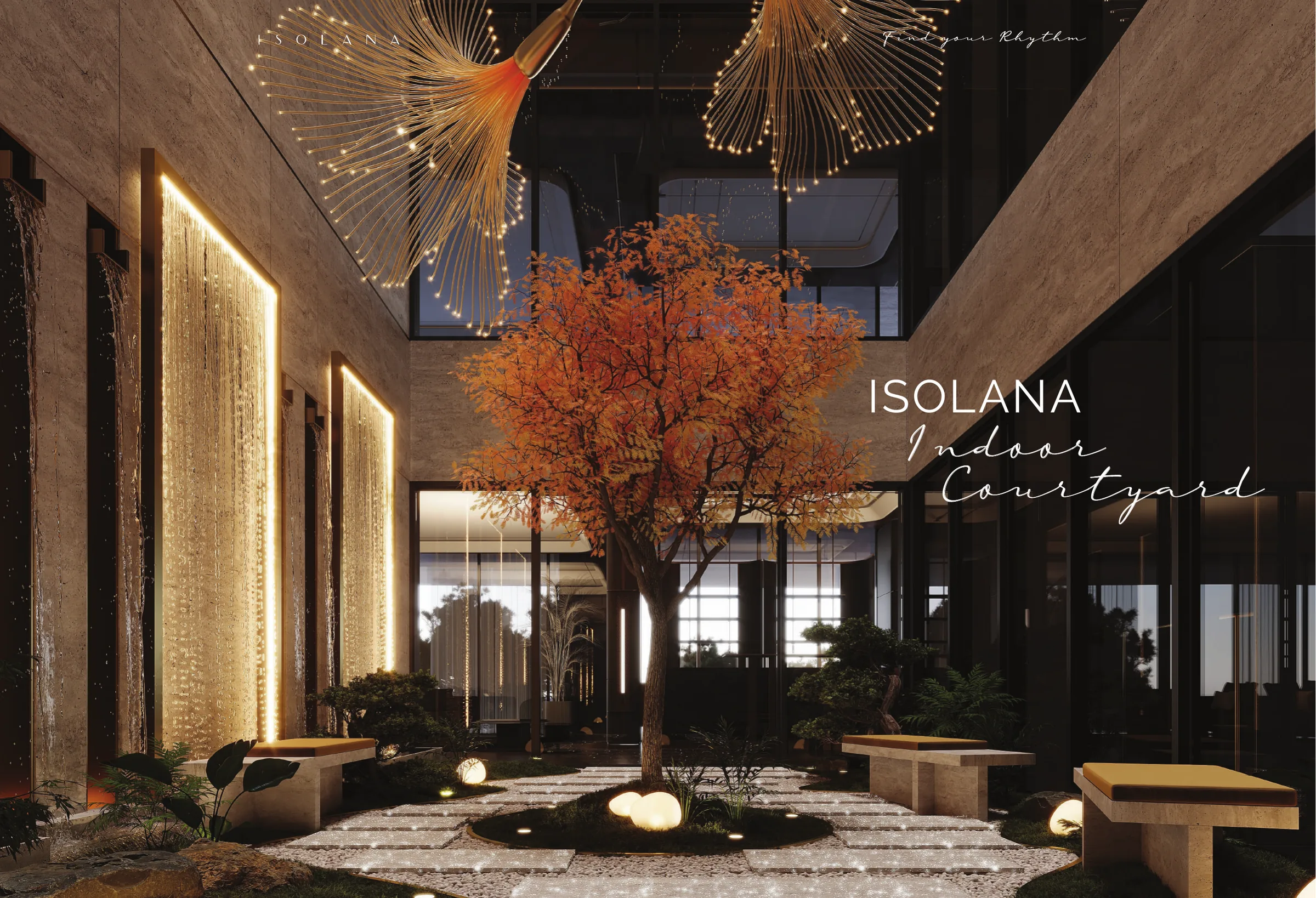 Indoor courtyard with a sculptural tree, cascading water walls and suspended light installation, Isolana