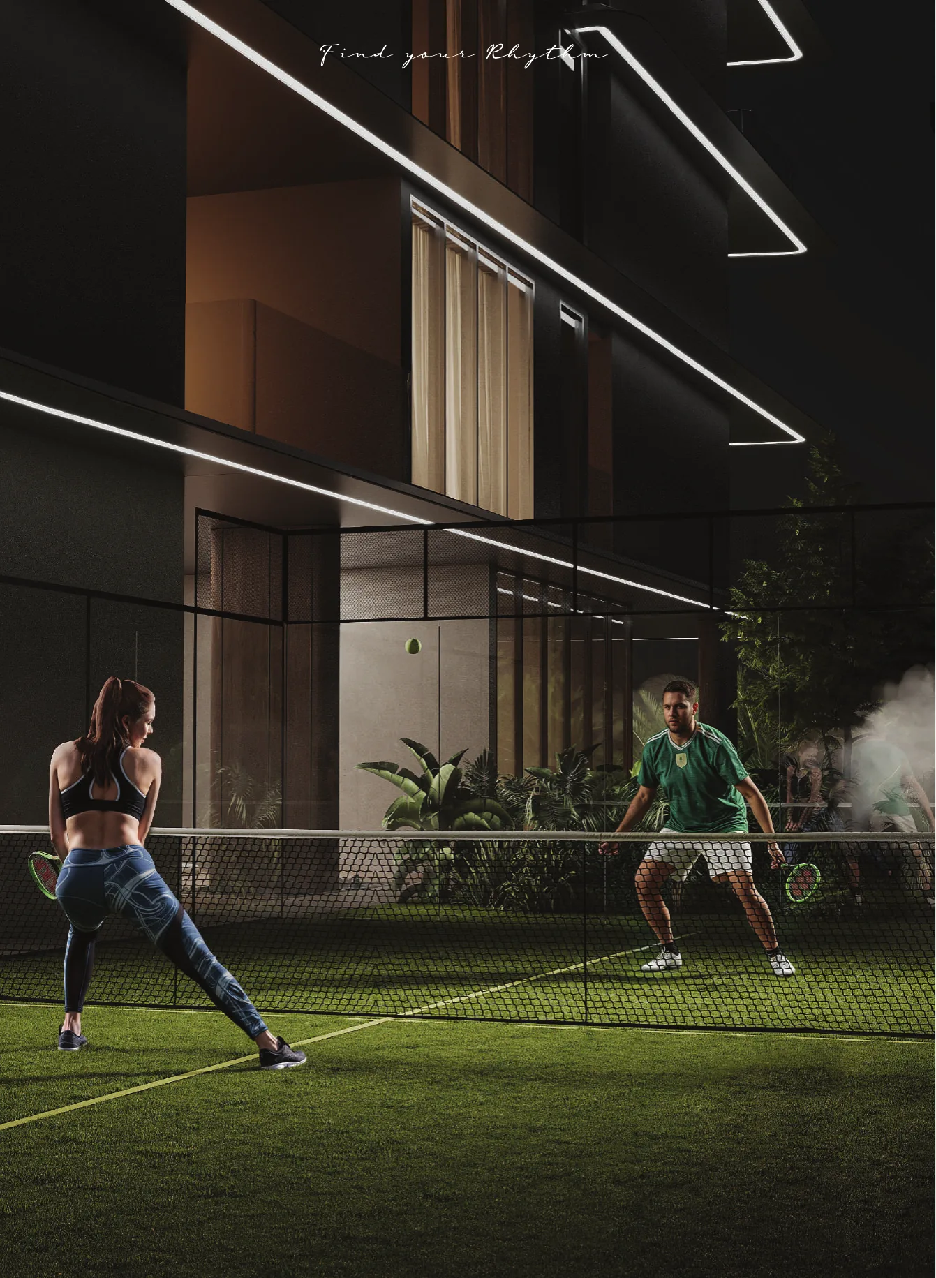 Residents playing on the floodlit padel court beside the Isolana building at night