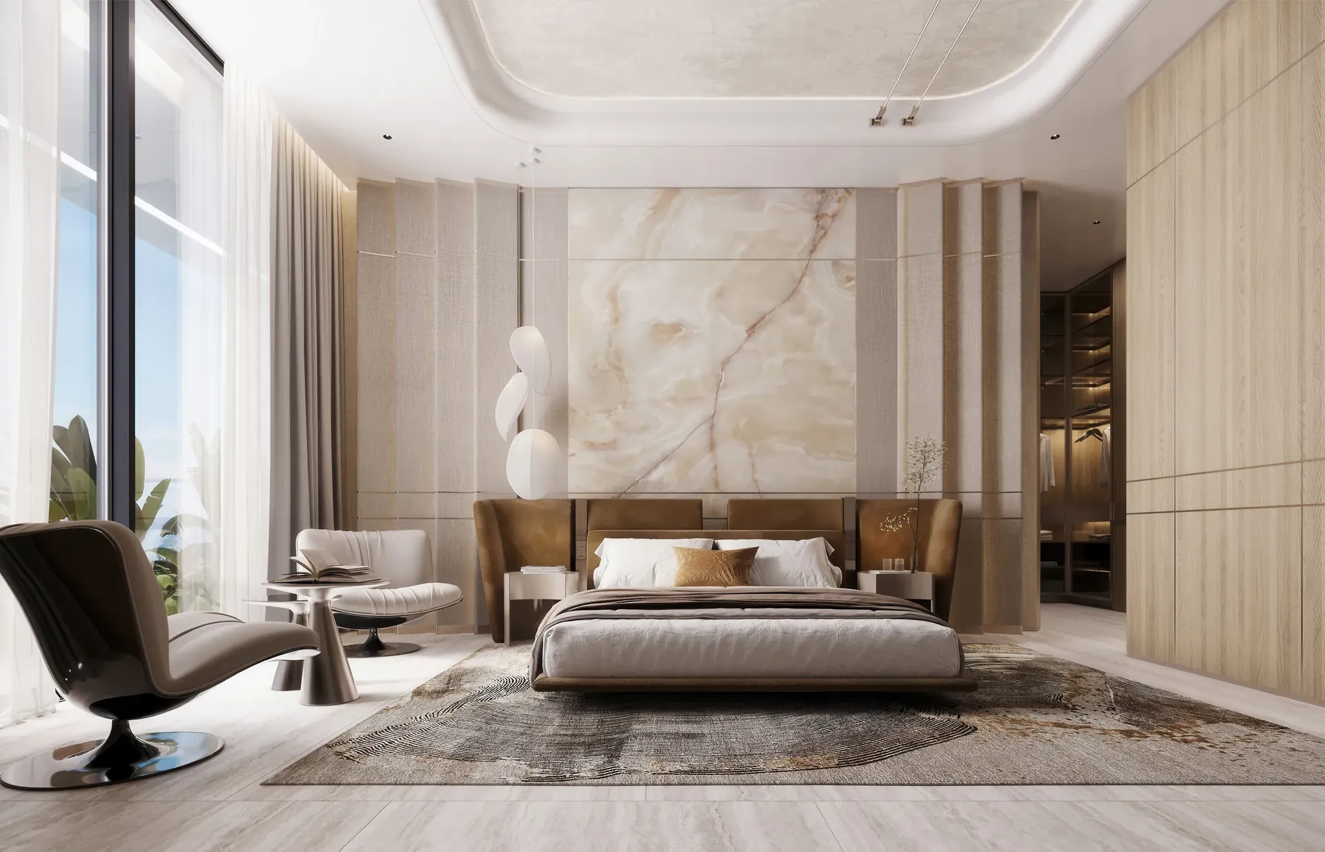 Primary bedroom of The Villa at Isolana with onyx feature wall