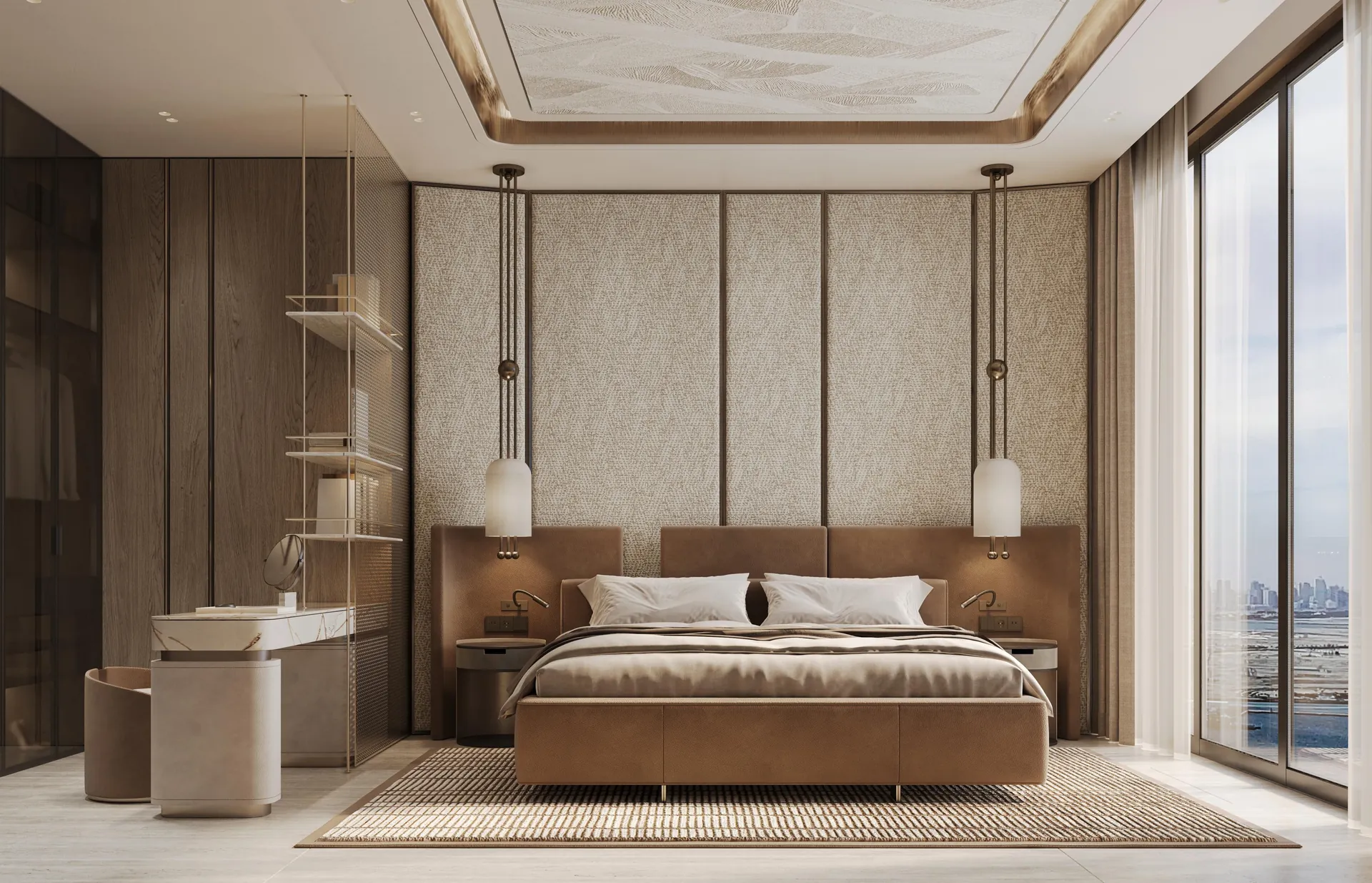 Master bedroom at Isolana with a textured panel wall, pendant lights and a leather bed
